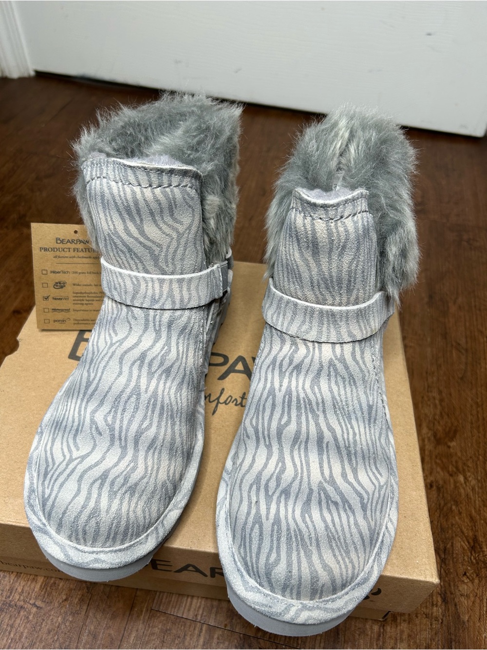 BearPaw Gray Zebra-Print Faux Fur Ankle Booties